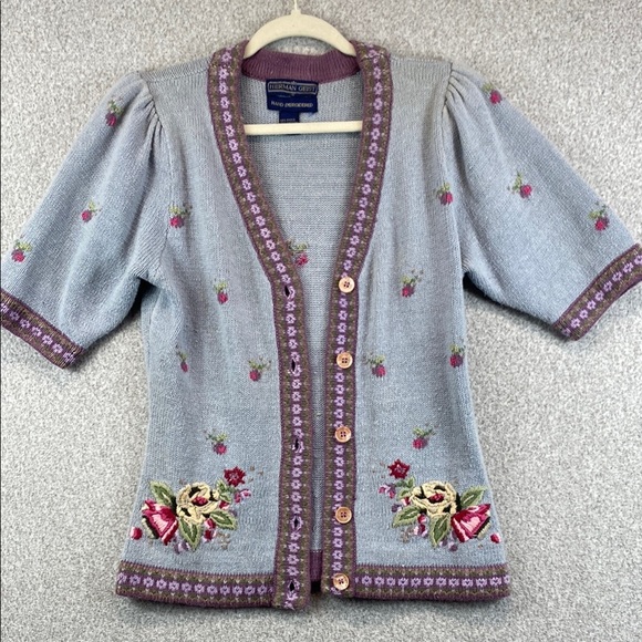 Vtg. Herman Geist hand embroidered cardigan S cottagecore floral 80's feminine - Picture 1 of 12